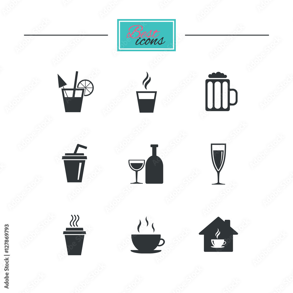 Tea, coffee and beer icons. Beer, wine and cocktail signs. Take away drinks. Black flat icons. Classic design. Vector