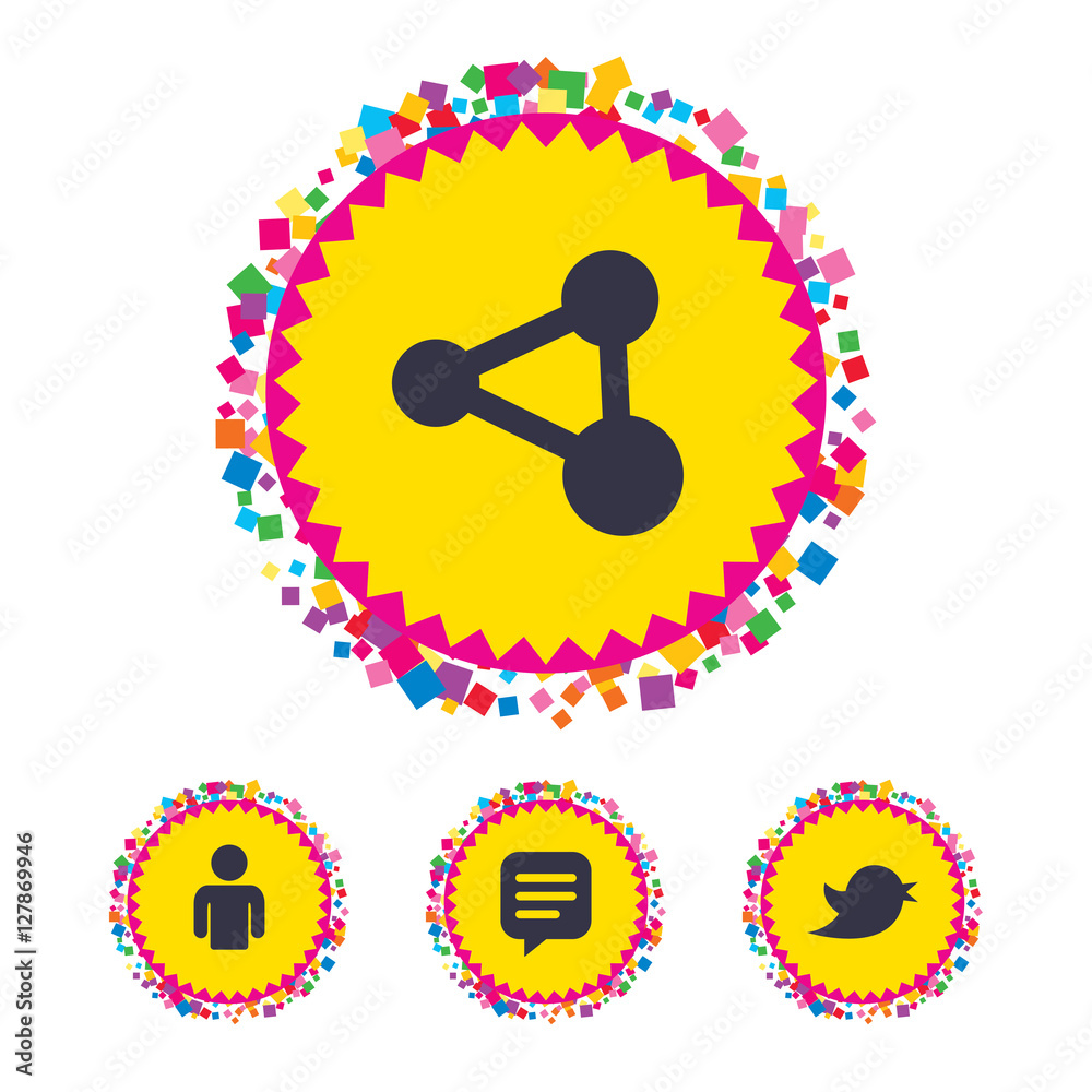 Web buttons with confetti pieces. Human person and share icons. Speech bubble symbols. Communication signs. Bright stylish design. Vector Web buttons with confetti pieces. Human person and share icons. Speech bubble symbols. Communication signs. Bright stylish design. Vector