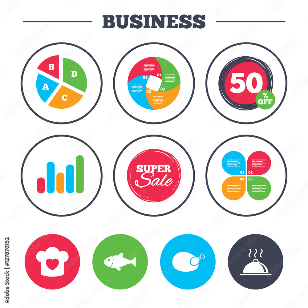 Business pie chart. Growth graph. Chief hat with heart and cooking pan icons. Fish and chicken signs. Hot food platter serving symbol. Super sale and discount buttons. Vector