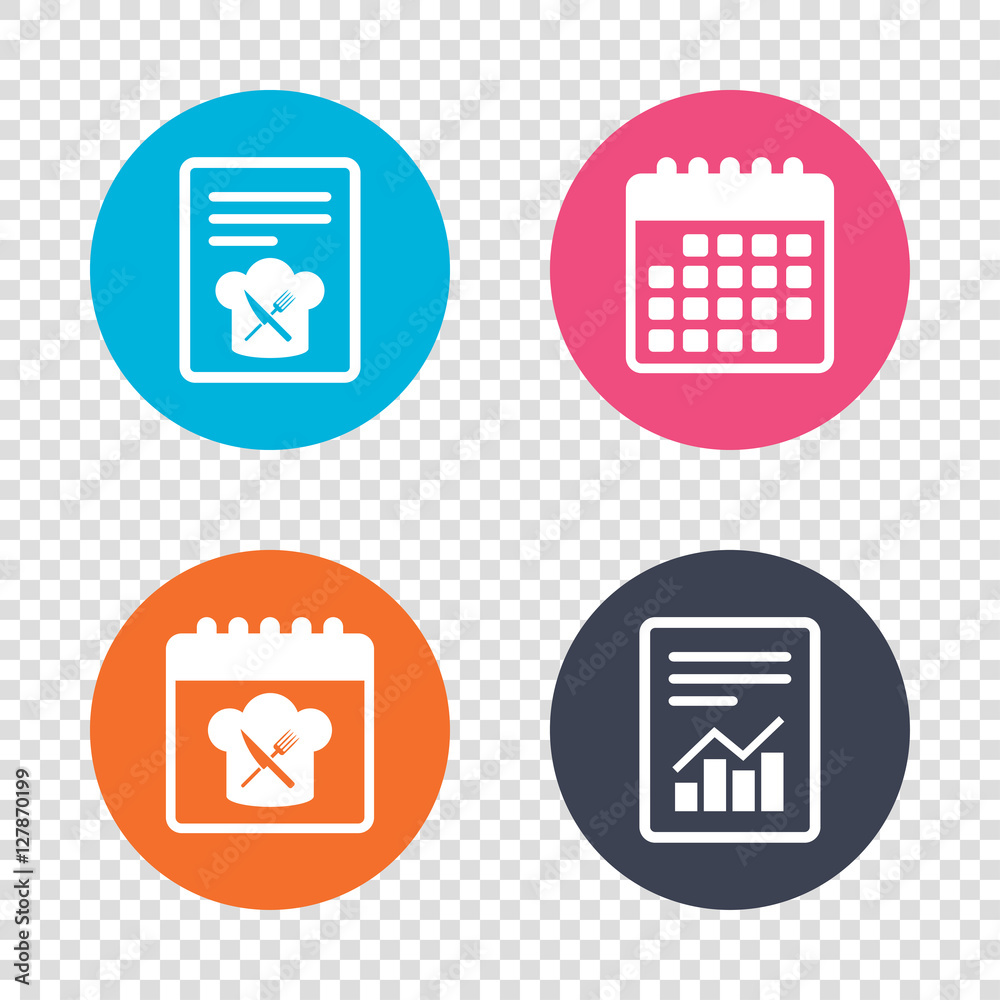Report document, calendar icons. Chef hat sign icon. Cooking symbol. Cooks hat with fork and knife. Transparent background. Vector
