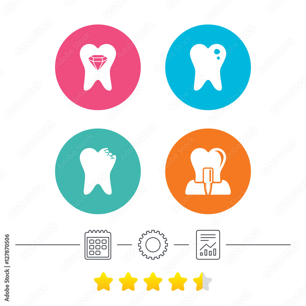 Dental care icons. Caries tooth sign. Tooth endosseous implant symbol. Tooth crystal jewellery. Calendar, cogwheel and report linear icons. Star vote ranking. Vector Dental care icons. Caries tooth sign. Tooth endosseous implant symbol. Tooth crystal jewellery. Calendar, cogwheel and report linear icons. Star vote ranking. Vector