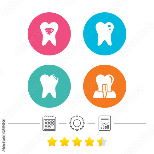 Dental care icons. Caries tooth sign. Tooth endosseous implant symbol. Tooth crystal jewellery. Calendar, cogwheel and report linear icons. Star vote ranking. Vector