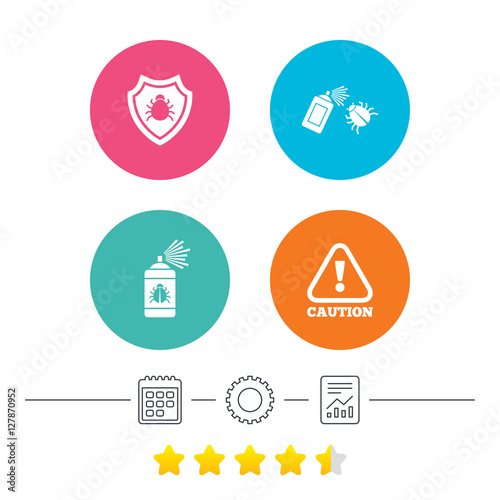 Bug disinfection icons. Caution attention and shield symbols. Insect fumigation spray sign. Calendar, cogwheel and report linear icons. Star vote ranking. Vector