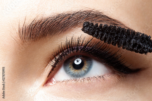 Close-up of make-up eye with long lashes with black mascara photo