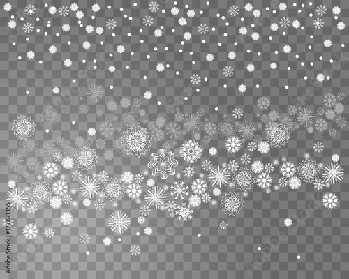 Falling snow on a transparent background. Abstract snowflake background for your Christmas design. Vector illustration