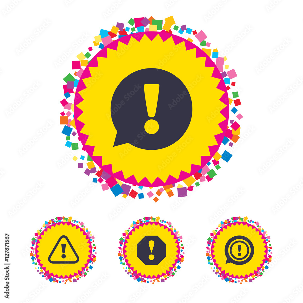 Web buttons with confetti pieces. Attention icons. Exclamation speech bubble symbols. Caution signs. Bright stylish design. Vector Web buttons with confetti pieces. Attention icons. Exclamation speech bubble symbols. Caution signs. Bright stylish design. Vector