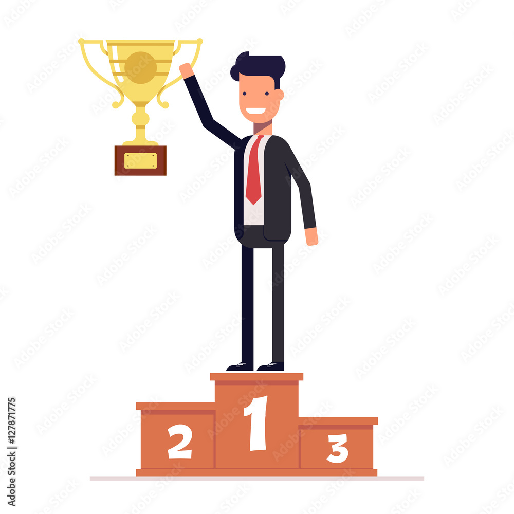 Businessman or manager standing on the winners podium with prize cup in his hand. Vector, illustration EPS10. Businessman or manager standing on the winners podium with prize cup in his hand. Vector, illustration EPS10.