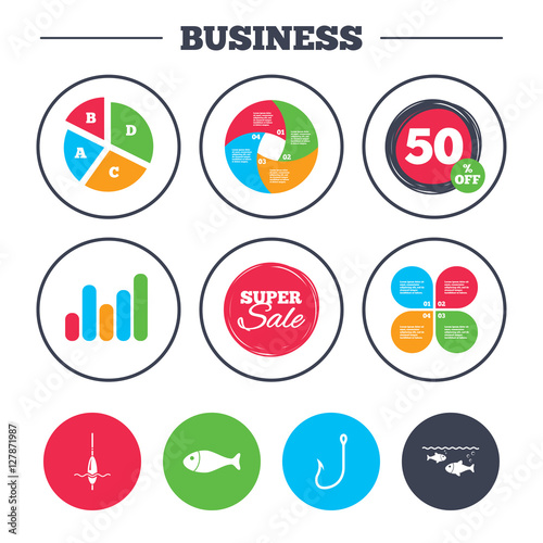 Business pie chart. Growth graph. Fishing icons. Fish with fishermen hook sign. Float bobber symbol. Super sale and discount buttons. Vector