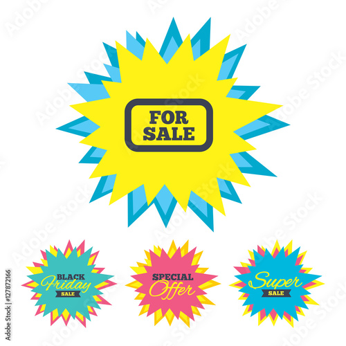 Sale stickers and banners. For sale sign icon. Real estate selling. Star labels. Vector