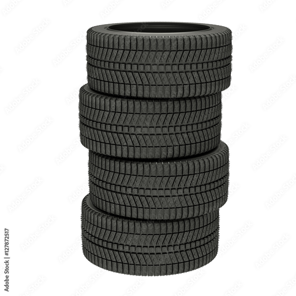 3d illustration four winter tires in white background