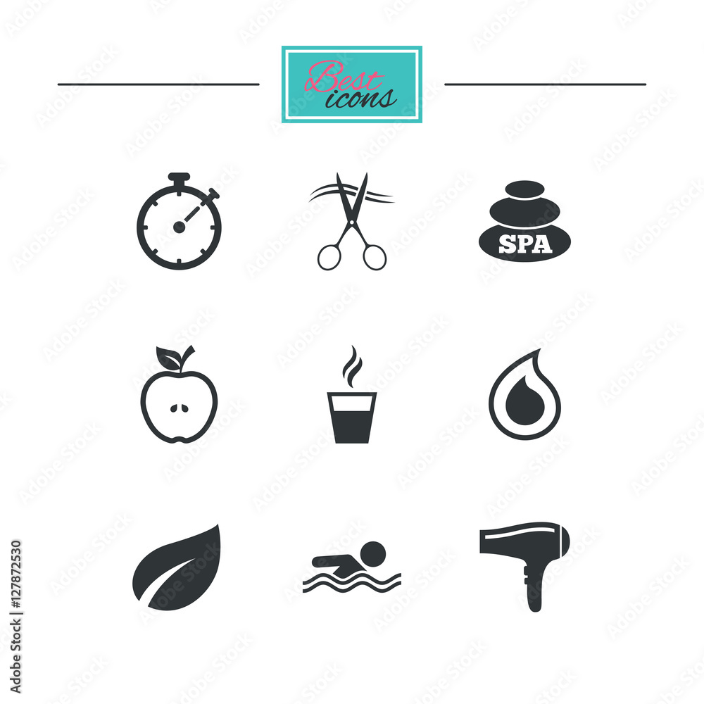 Spa, hairdressing icons. Swimming pool sign. Water drop, scissors and hairdryer symbols. Black flat icons. Classic design. Vector Spa, hairdressing icons. Swimming pool sign. Water drop, scissors and hairdryer symbols. Black flat icons. Classic design. Vector