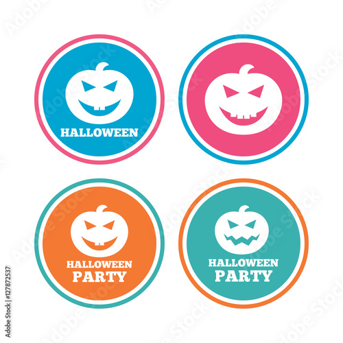Halloween pumpkin icons. Halloween party sign symbol. All Hallows Day celebration. Colored circle buttons. Vector