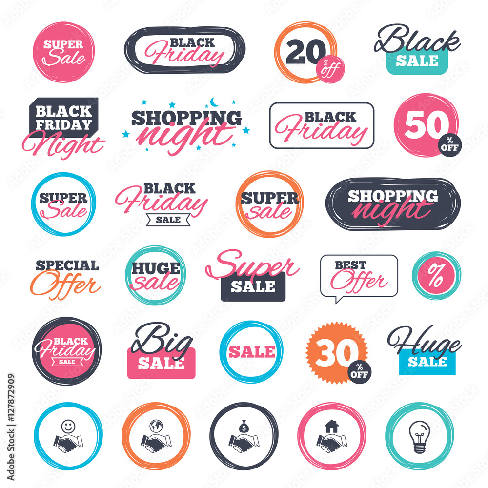 Sale shopping stickers and banners. Handshake icons. World, Smile happy face and house building symbol. Dollar cash money bag. Amicable agreement. Website badges. Black friday. Vector