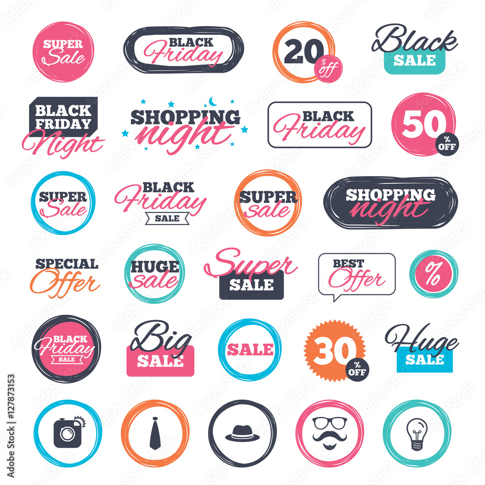 Sale shopping stickers and banners. Hipster photo camera. Mustache with beard icon. Glasses and tie symbols. Classic hat headdress sign. Website badges. Black friday. Vector