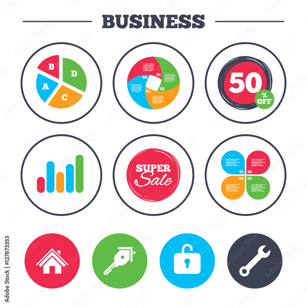 Business pie chart. Growth graph. Home key icon. Wrench service tool symbol. Locker sign. Main page web navigation. Super sale and discount buttons. Vector Business pie chart. Growth graph. Home key icon. Wrench service tool symbol. Locker sign. Main page web navigation. Super sale and discount buttons. Vector