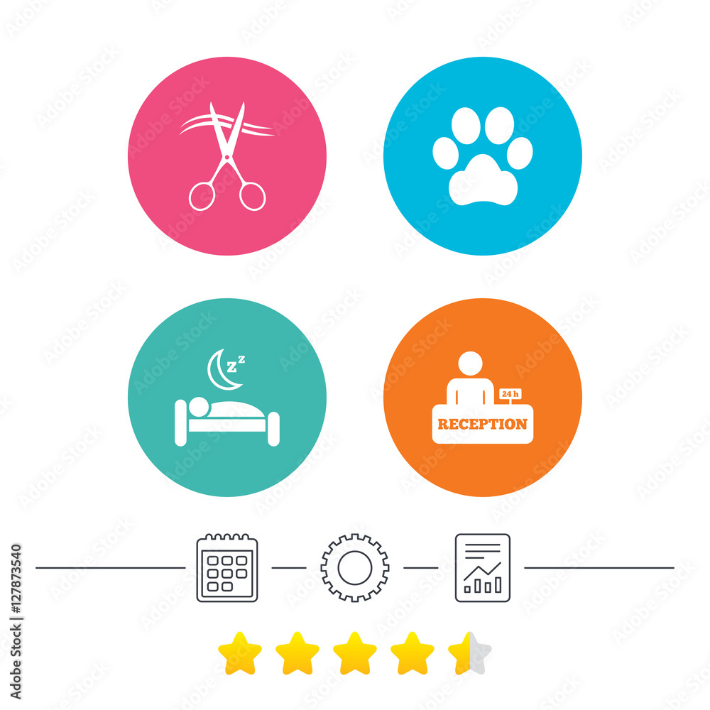 Hotel services icons. With pets allowed in room signs. Hairdresser or barbershop symbol. Reception registration table. Quiet sleep. Calendar, cogwheel and report linear icons. Star vote ranking Hotel services icons. With pets allowed in room signs. Hairdresser or barbershop symbol. Reception registration table. Quiet sleep. Calendar, cogwheel and report linear icons. Star vote ranking