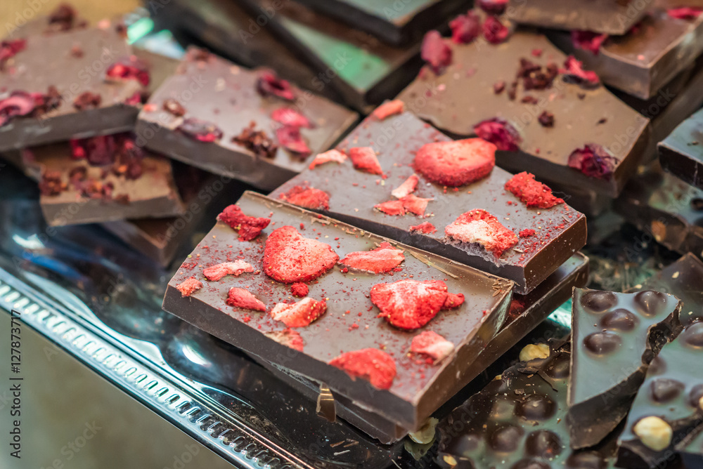 pieces of chocolate with strawberries at the fair pieces of chocolate with strawberries at the fair