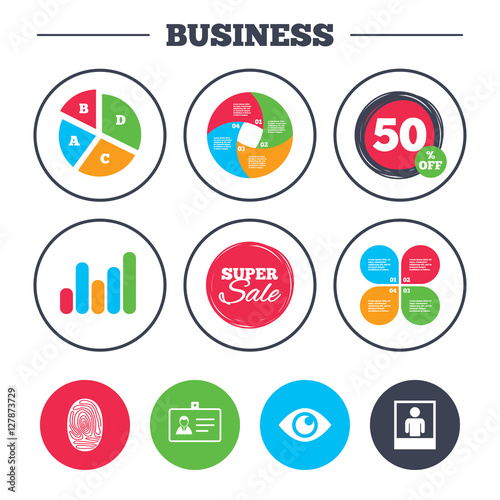 Business pie chart. Growth graph. Identity ID card badge icons. Eye and fingerprint symbols. Authentication signs. Photo frame with human person. Super sale and discount buttons. Vector
