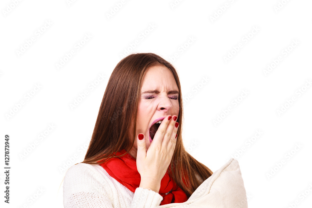 Woman sleepy tired with pillow almost falling asleep Woman sleepy tired with pillow almost falling asleep