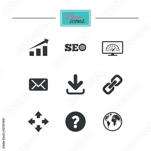 Internet, seo icons. Bandwidth speed, download arrow and mail signs. Hyperlink, monitoring symbols. Black flat icons. Classic design. Vector