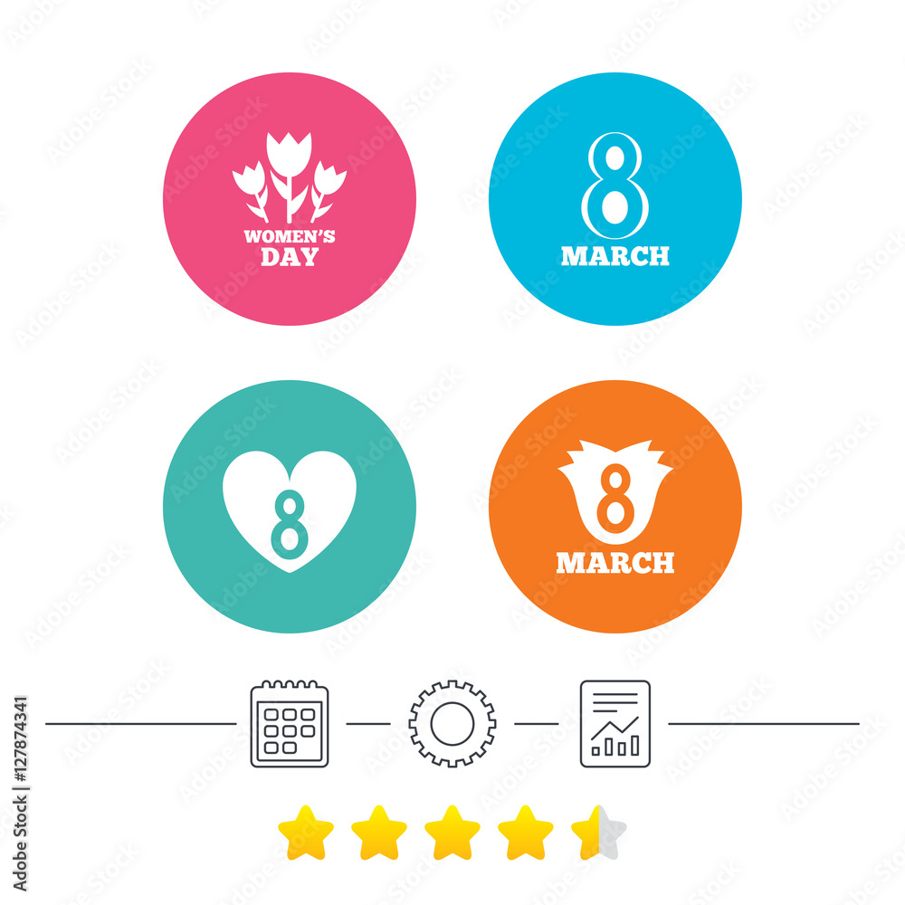 8 March Women's Day icons. Tulips or rose flowers bouquet and heart sign symbols. Calendar, cogwheel and report linear icons. Star vote ranking. Vector 8 March Women's Day icons. Tulips or rose flowers bouquet and heart sign symbols. Calendar, cogwheel and report linear icons. Star vote ranking. Vector