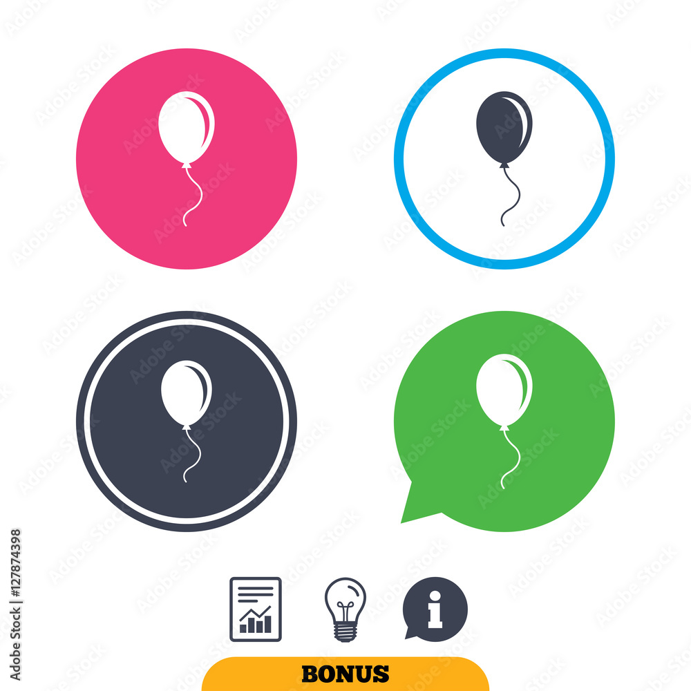 Balloon sign icon. Birthday air balloon with rope or ribbon symbol. Report document, information sign and light bulb icons. Vector Balloon sign icon. Birthday air balloon with rope or ribbon symbol. Report document, information sign and light bulb icons. Vector