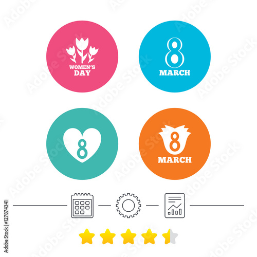 8 March Women's Day icons. Tulips or rose flowers bouquet and heart sign symbols. Calendar, cogwheel and report linear icons. Star vote ranking. Vector © blankstock