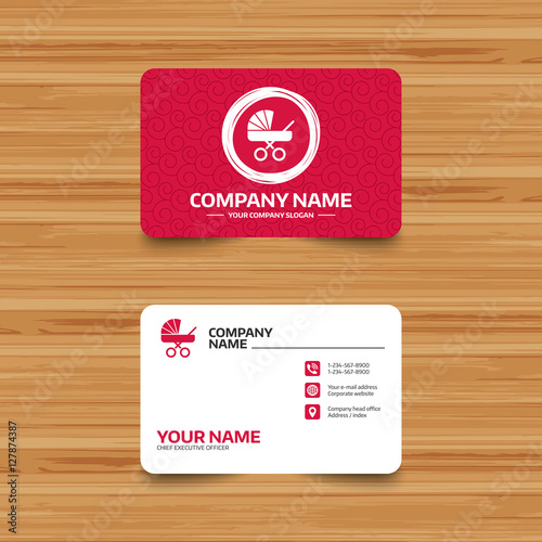 Business card template with texture. Baby pram stroller sign icon. Baby buggy. Baby carriage symbol. Phone, web and location icons. Visiting card  Vector