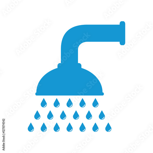 Shower head in bathroom with water drops flowing. Blue. Vector illustration. Flat design style