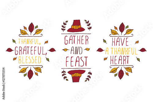 Set of Thanksgiving elements and text on white background