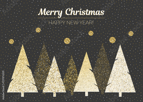 Vector merry Christmas and happy New Year design. Horizontal card with Christmas trees in black, gold and white colors.
