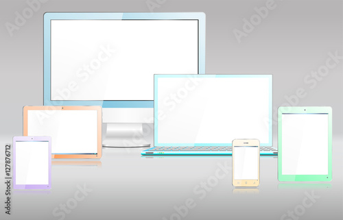 Realistic Colored Modern Computer Devices with monitor, laptop, tablet, mini tablet and smartphone each device grouped on a separate named layer