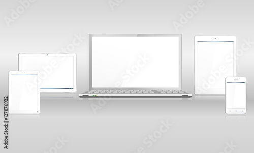 Realistic White or Steel Computer Mobile Devices with Laptop Tablet and Smartphone, each device grouped on a separate named layer