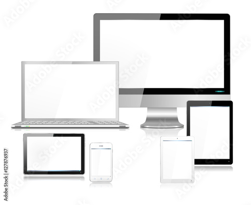 Detailed Realistic mobile and computer devices with laptop, TV, monitor screen, tablet, mini tablet and smartphone - each device individually grouped