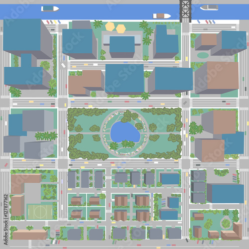 Aerial Birds Eye View of City with Buildings and Houses - Detailed view of city from above Grouped and Layered EPS10
