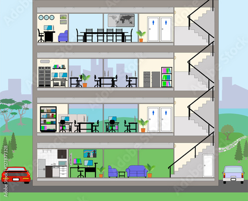 Cutaway Office Building with city background - Detailed Grouped and Layered EPS10
