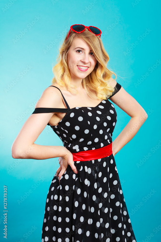 Woman wearing fashion polka dots dress Woman wearing fashion polka dots dress
