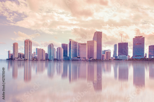 Beautiful Miami Florida skyline at sunset and Biscayne Bay