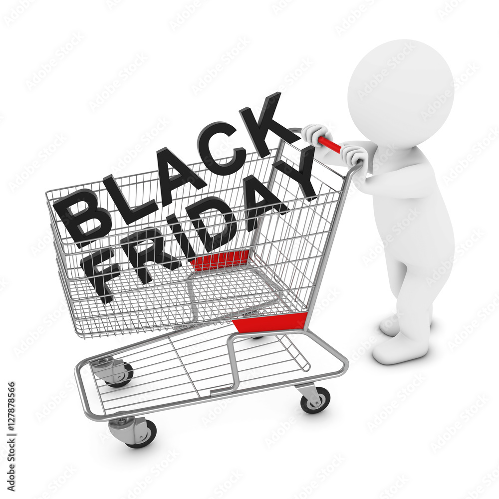 3D Man Character Pushing Shopping Trolley with Black Friday Text 3D Illustration 3D Man Character Pushing Shopping Trolley with Black Friday Text 3D Illustration