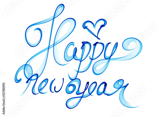 Happy new year isolated words lettering written with blue fire flame or smoke on white background