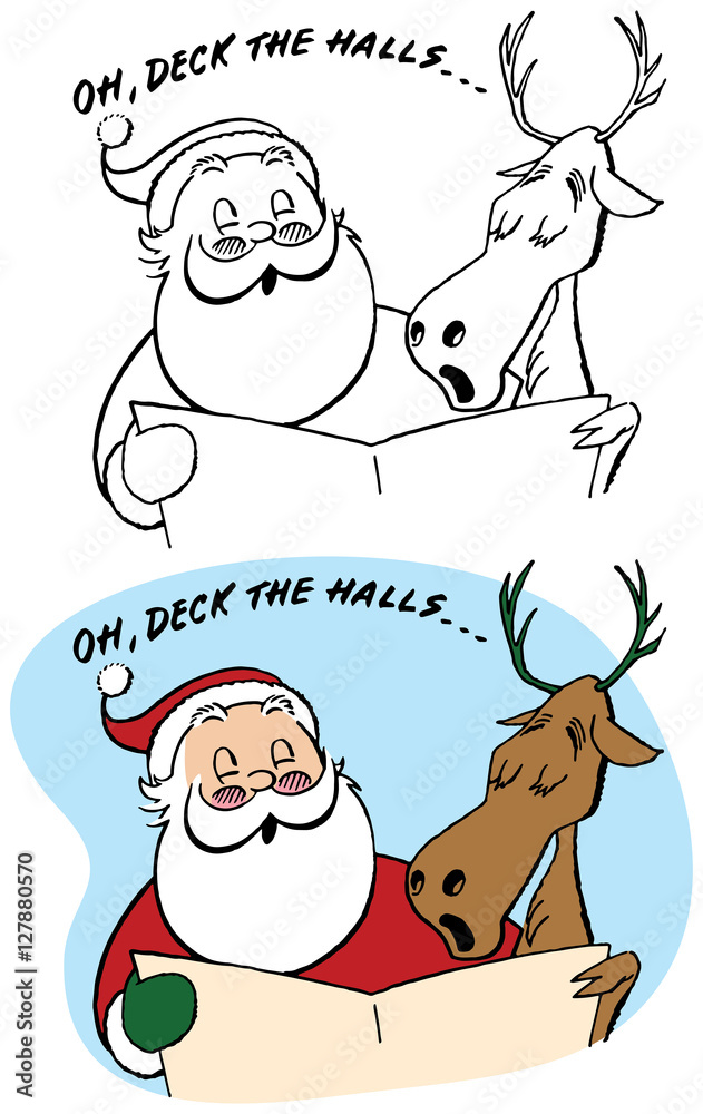 Santa Claus singing a Christmas carol with a reindeer Santa Claus singing a Christmas carol with a reindeer