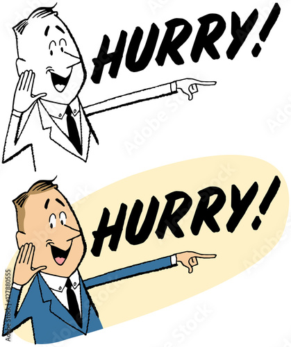 Excited man pointing and saying hurry