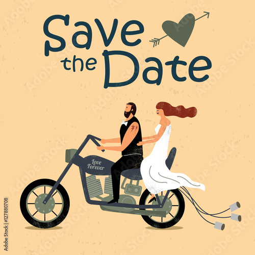 Wedding couple on motorbike with text save the date, vector