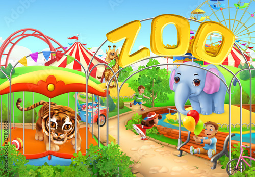 Zoo. Kids playground. Amusement park. 3d vector illustration