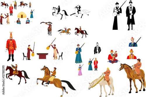 Nomad people vector collection set. Kazakha in traditional national drees.