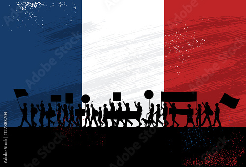 Silhouette of group of people protesting with a flag of France as a background, vector