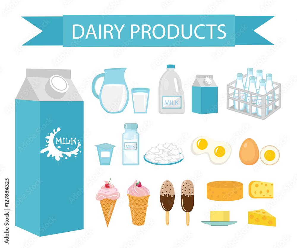 Dairy products icon set, flat style. Milk products isolated on white ...