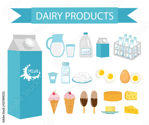 Dairy products icon set, flat style. Milk products isolated on white background. Milk and Cheese collection. Farm foods. Vector illustration