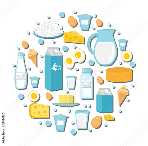 Dairy products icon set in the shape of circle. Flat style. Dairy products isolated on white background. Milk and Cheese collection. Farm foods. Vector illustration