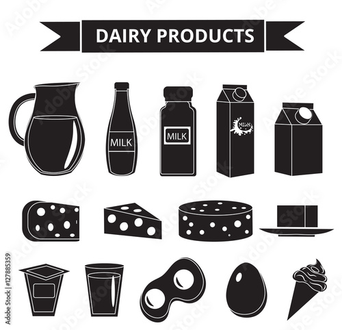 Dairy products icon set silhouette style. Milk products isolated on white background. Milk and Cheese collection. Farm foods. Vector illustration